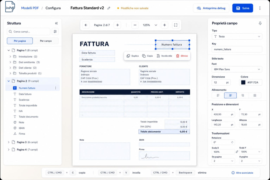 Editor visuale InPdf.io per configurare un template PDF